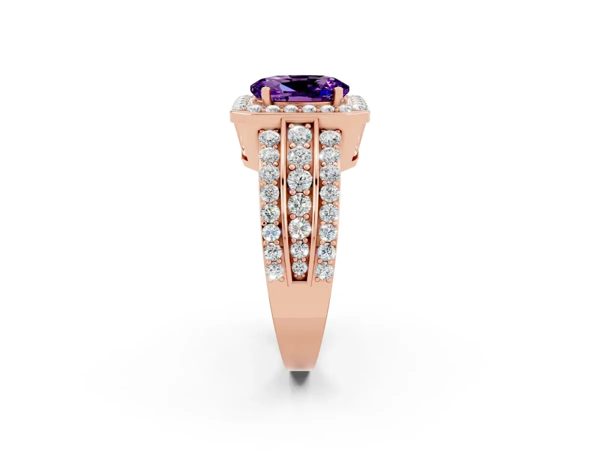Oval Cut Halo Amethyst Ring with Round Split Shank and Prong Setting Rose gold