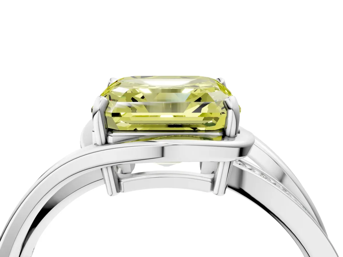 Fancy Yellow Asscher Cut Diamond Solitaire Ring with Split Shank and Prong Setting Platinum