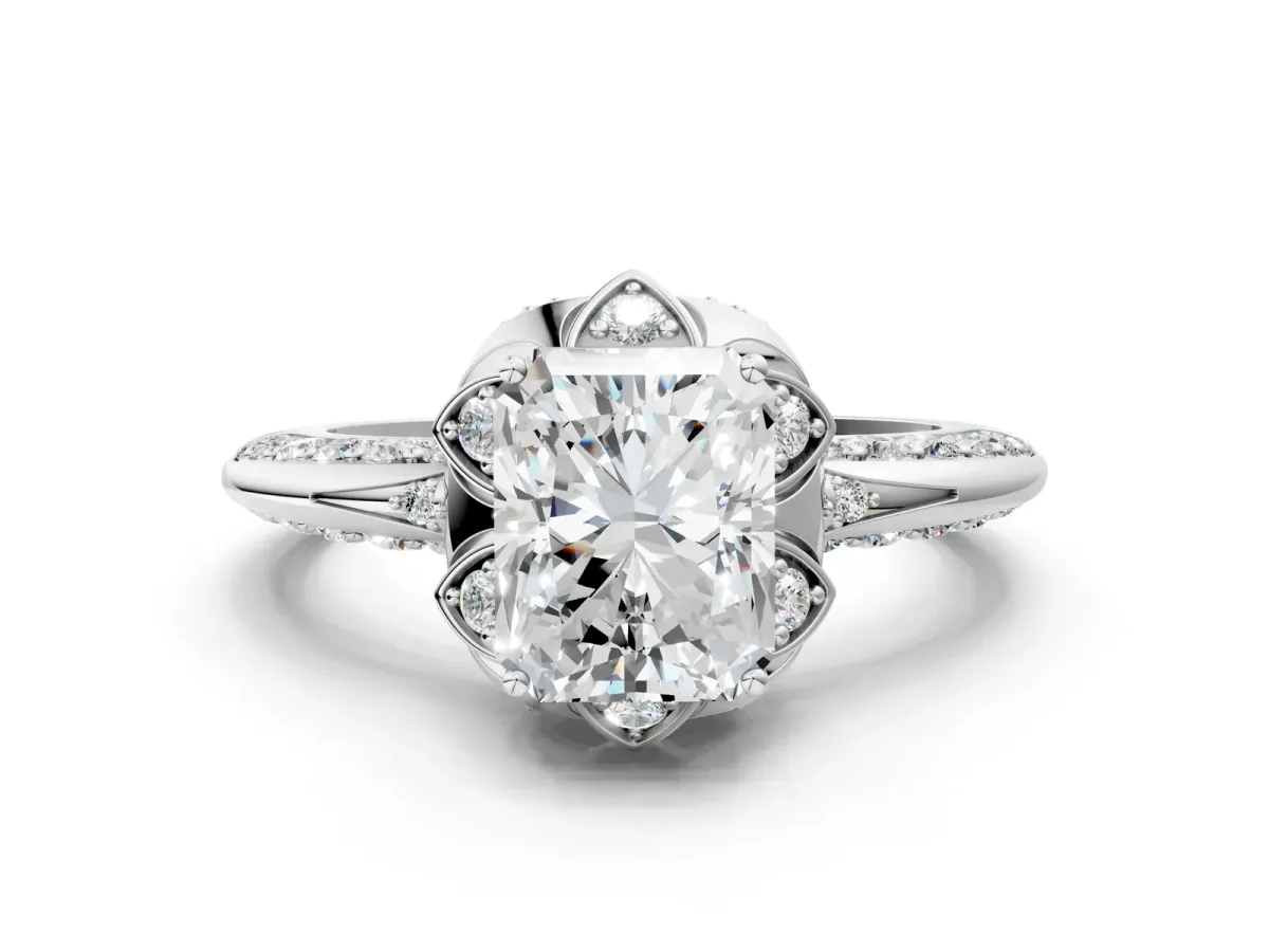 Radiant Cut Halo Split Shank Pave Diamond Ring with Petal Prong Setting Platinum