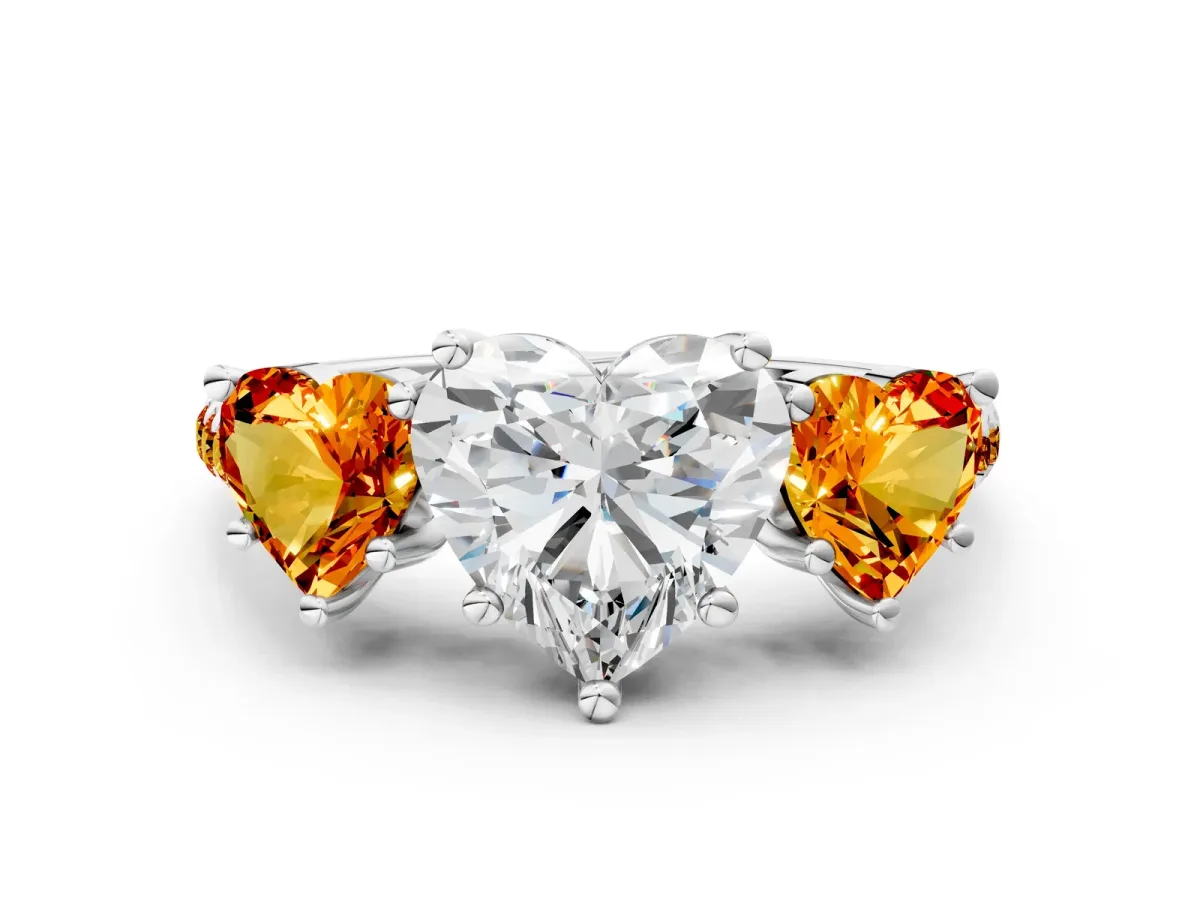 Three-Stone Heart Cut Diamond Ring with Round Citrine Pavé Band and Prong Setting Silver