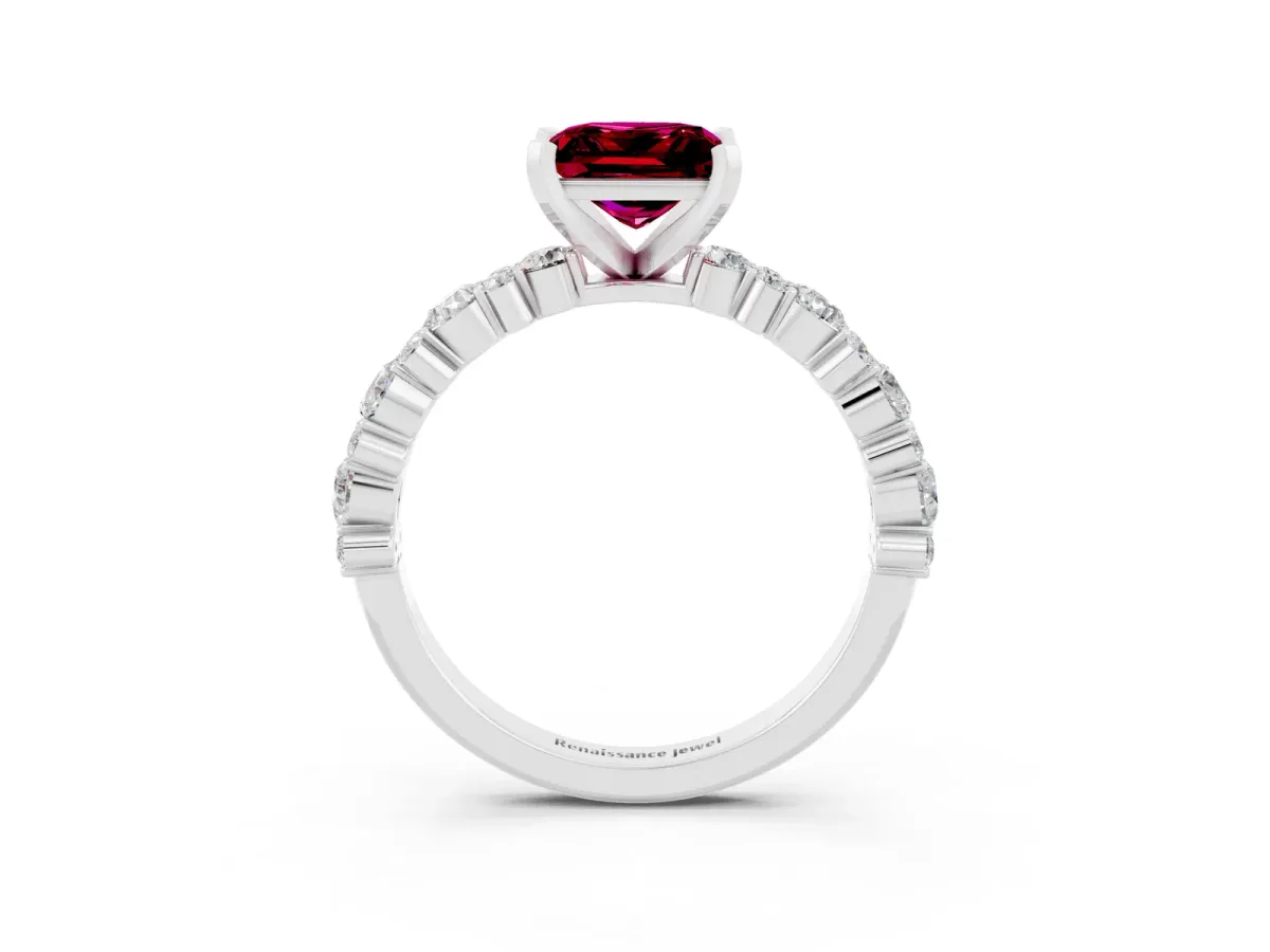 Princess Cut Garnet Side Stone Solitaire Ring with Round and Four-Prong Setting Silver