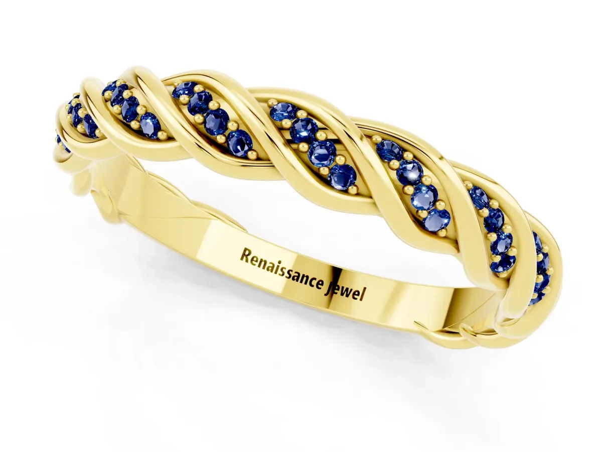 Twisted Pavé Round Blue Sapphire Eternity Band with Shared Prong Setting Yellow gold