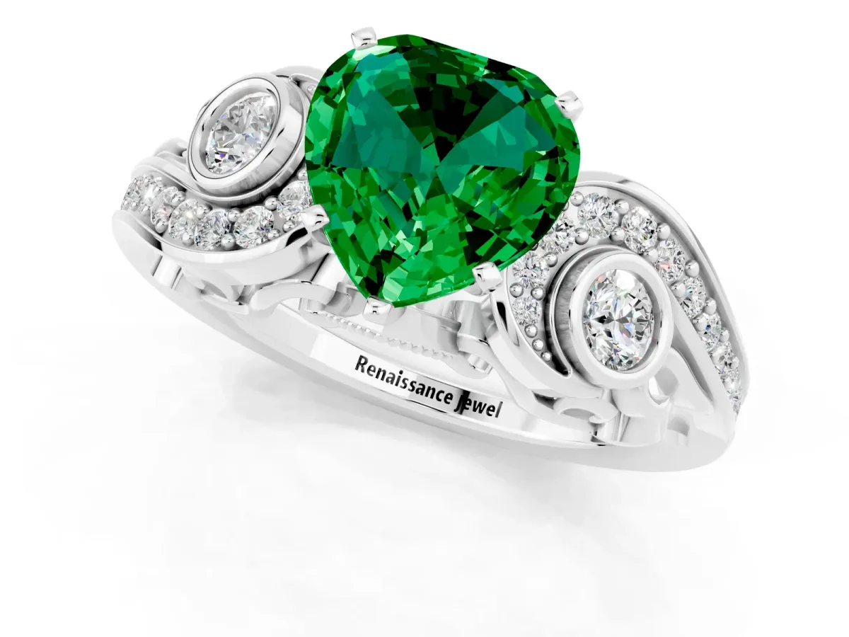 Heart Cut Emerald Solitaire Ring with Milgrain Pavé Band and Four-Prong Setting Silver