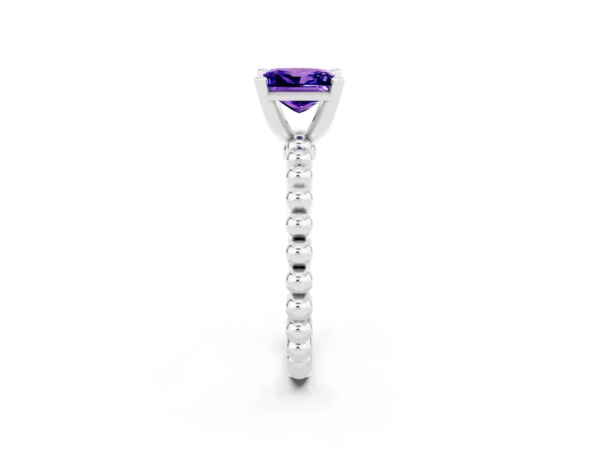 Princess Cut Tanzanite Solitaire Ring with Beaded Band and Prong Setting Platinum