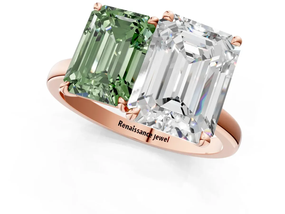 Fancy Green Emerald Cut and Emerald Cut Toi Moi Ring with Prong Setting Rose gold