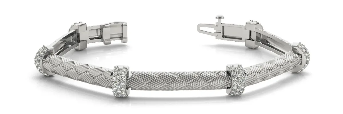 Diamond Pavé Round Stone Braided Cable Bracelet with Prong Setting White gold