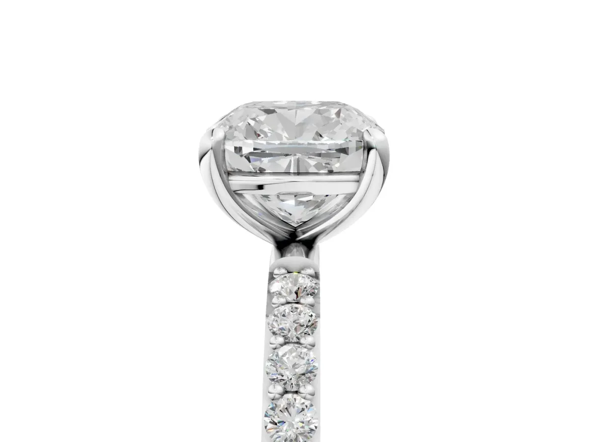 Cushion Cut Diamond Solitaire Ring with Round Pavé Band and Prong Setting Platinum