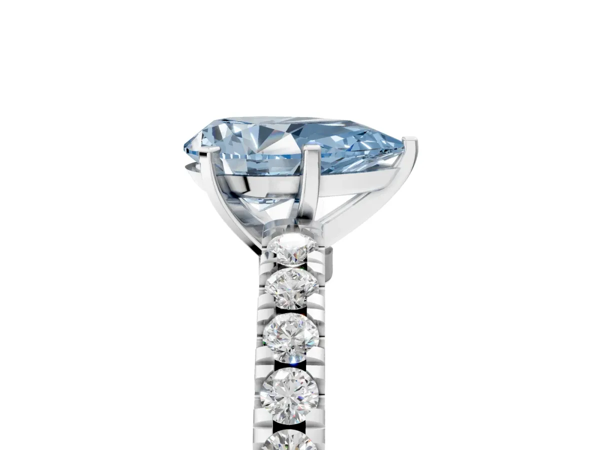 Fancy Blue Pear Cut Solitaire Diamond with Pavé Band and Four-Prong Setting Silver