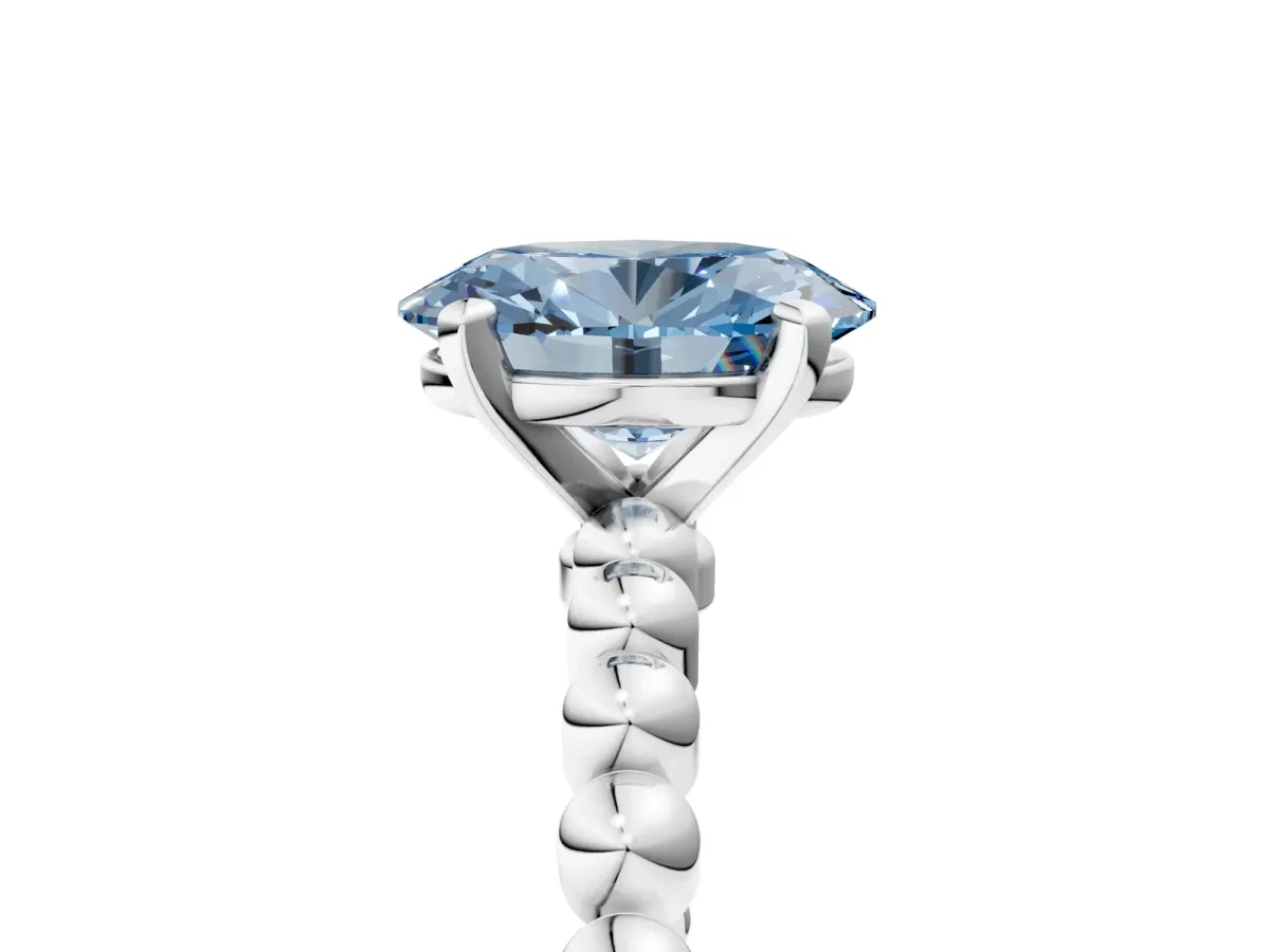 Fancy Blue Oval Cut Diamond Solitaire Ring with Beaded Band and Prong Setting White gold
