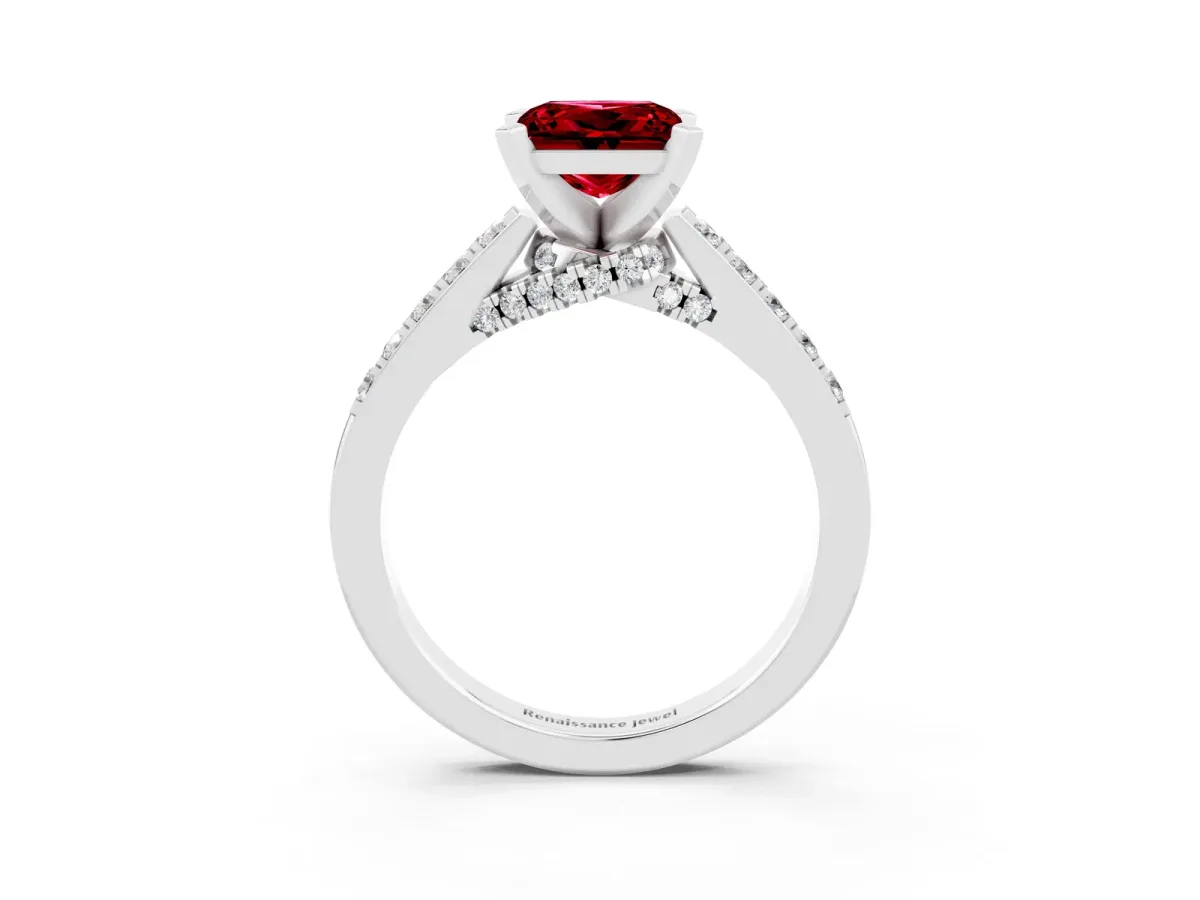Princess Cut Ruby Solitaire Ring with Crossover Gallery and Round Pavé Band Platinum