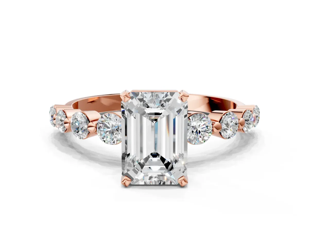 Emerald Cut Solitaire Diamond Ring with Pave Band and Four-Prong Setting Rose gold