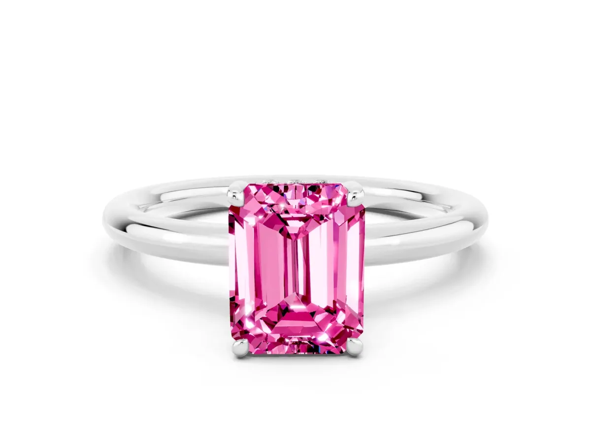 Emerald Cut Pink Sapphire Solitaire Ring with Thin Band and Four-Prong Setting White gold