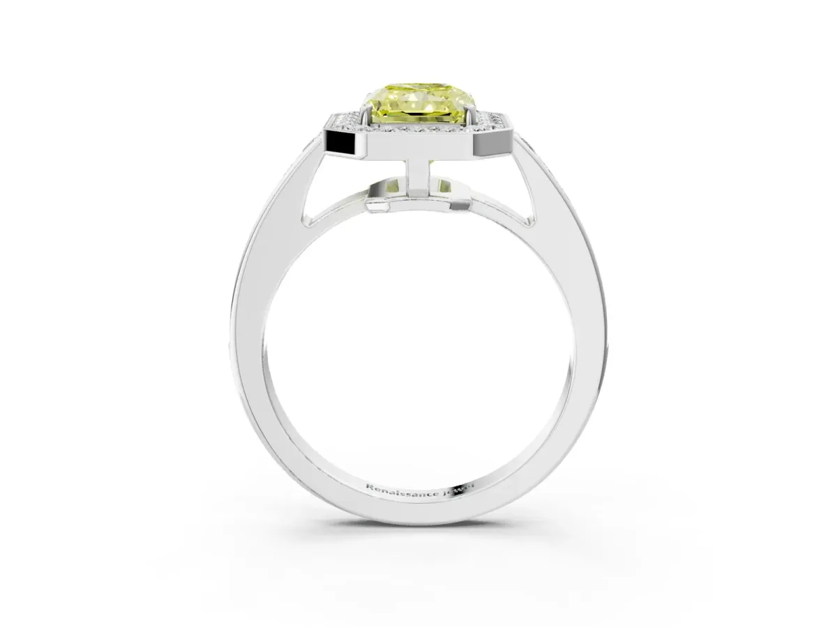 Fancy Yellow Radiant Cut Halo Pavé Diamond Engagement Ring with Bezel Setting Silver