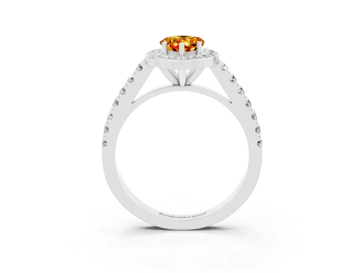 Pear Cut Citrine Halo Ring with Round Pavé Split Shank and Prong Setting Platinum