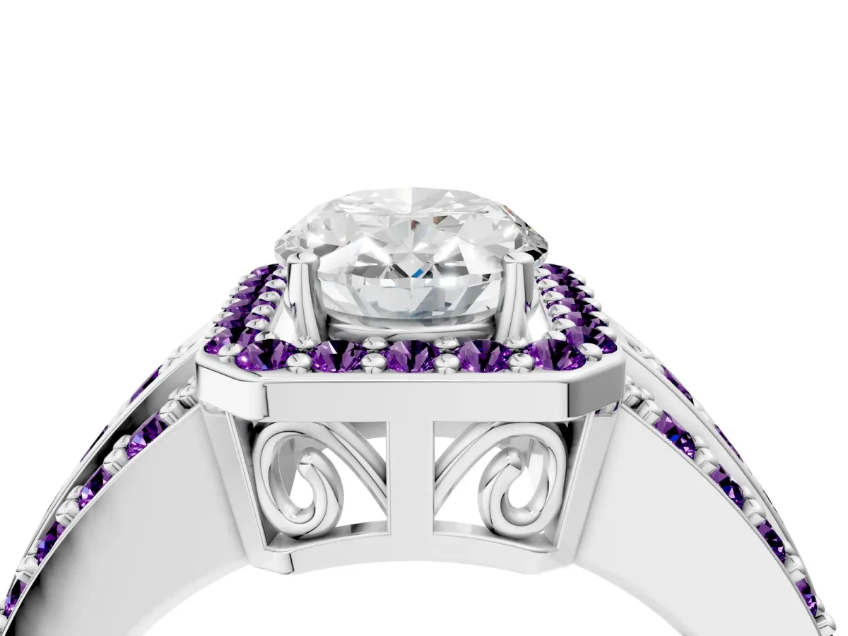 Oval Cut Halo Diamond Ring with Round Amethyst Split Shank and Prong Setting White gold
