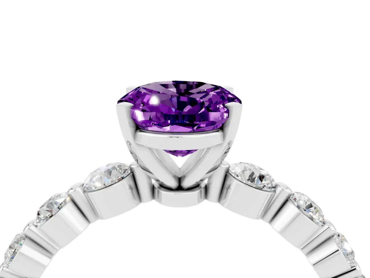 Oval Cut Solitaire Amethyst Ring with Pave Band and Four-Prong Setting Platinum