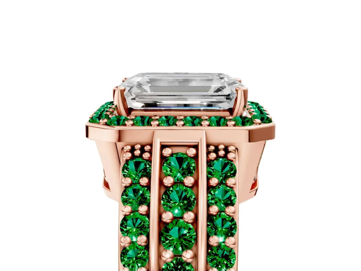 Emerald Cut Halo Diamond Ring with Round Emerald Split Shank and Prong Setting Rose gold