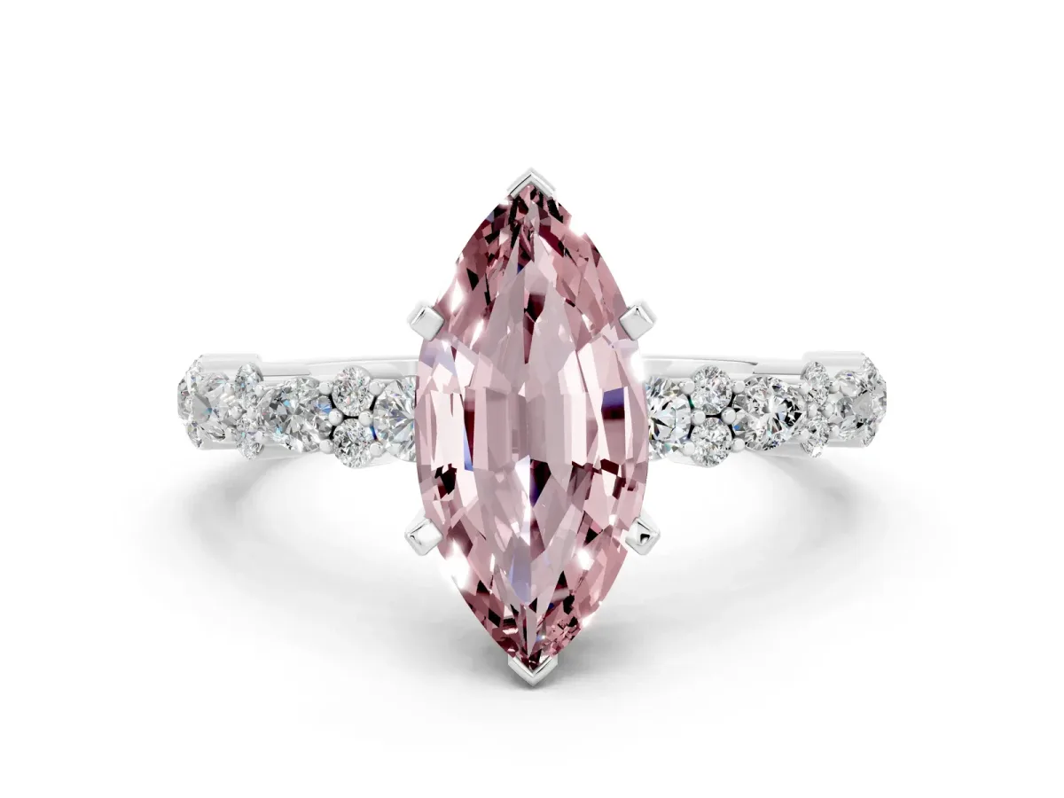 Marquise Cut Morganite Side Stone Solitaire Ring with Round and Four-Prong Setting Silver