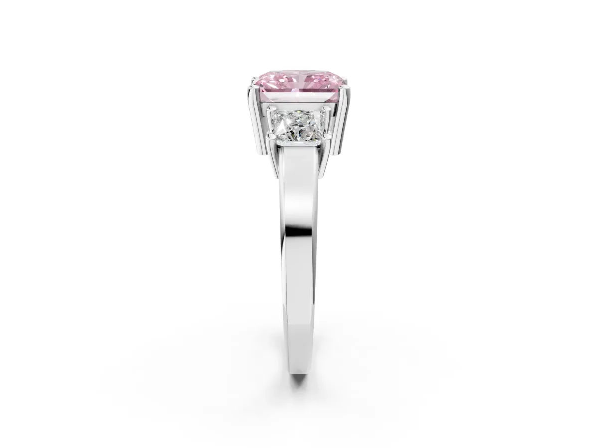 Fancy Pink Three-Stone Radiant Cut Cut Solitaire Ring with Prong Setting Platinum