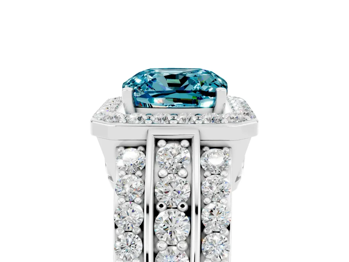 Cushion Cut Halo Blue Topaz Ring with Round Split Shank and Prong Setting Platinum