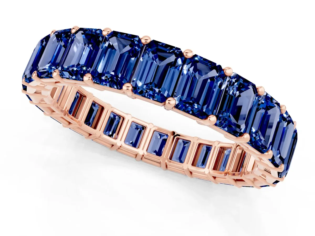 Emerald Cut Blue Sapphire Eternity Band with Shared Prong Setting Rose gold