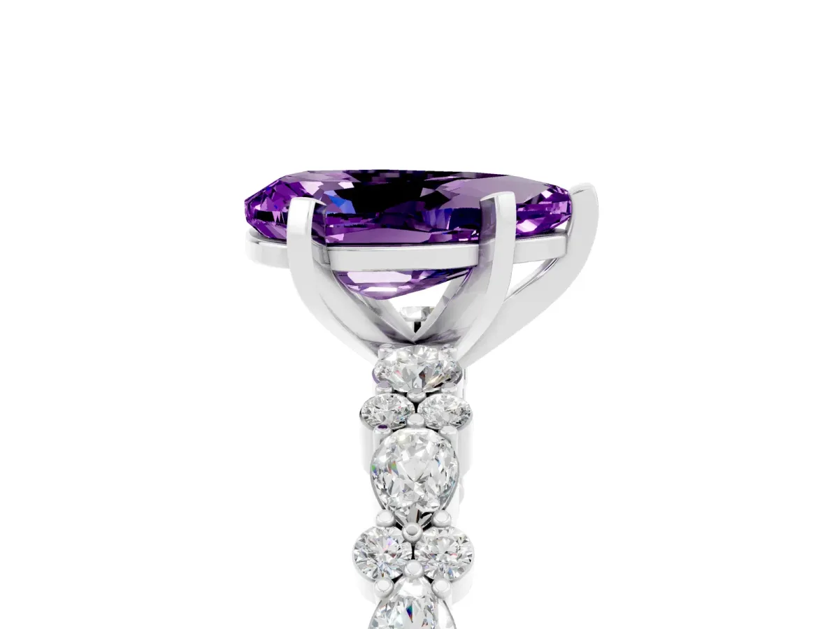 Pear Cut Amethyst Side Stone Solitaire Ring with Round and Four-Prong Setting White gold