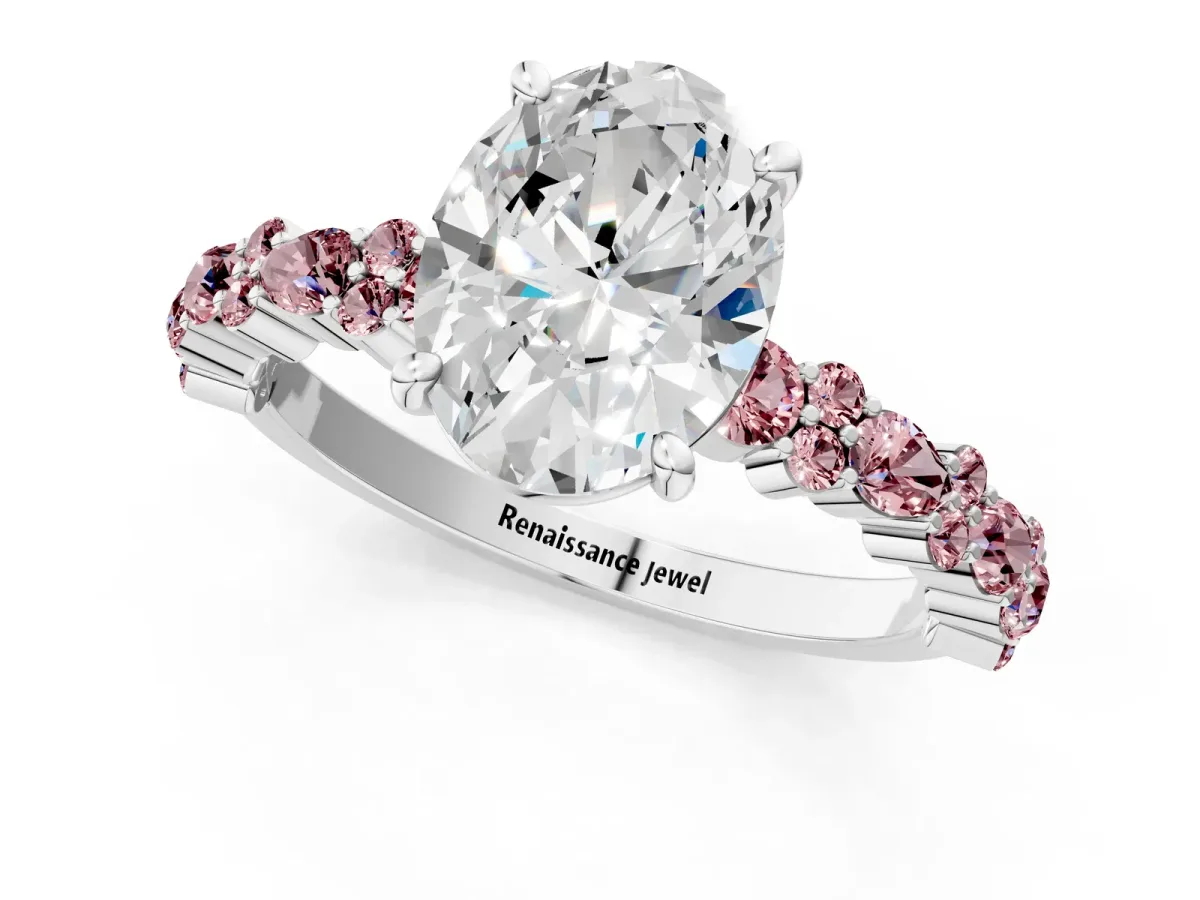 Oval Cut Diamond Side Stone Solitaire Ring with Round Morganite and Four-Prong Setting Silver