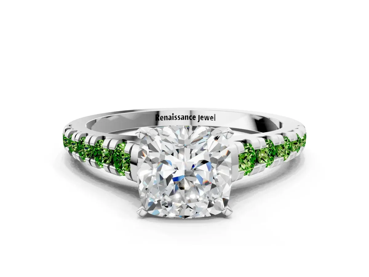 Cushion Cut Diamond Cathedral Solitaire Ring with Round Peridot Pavé Band Silver