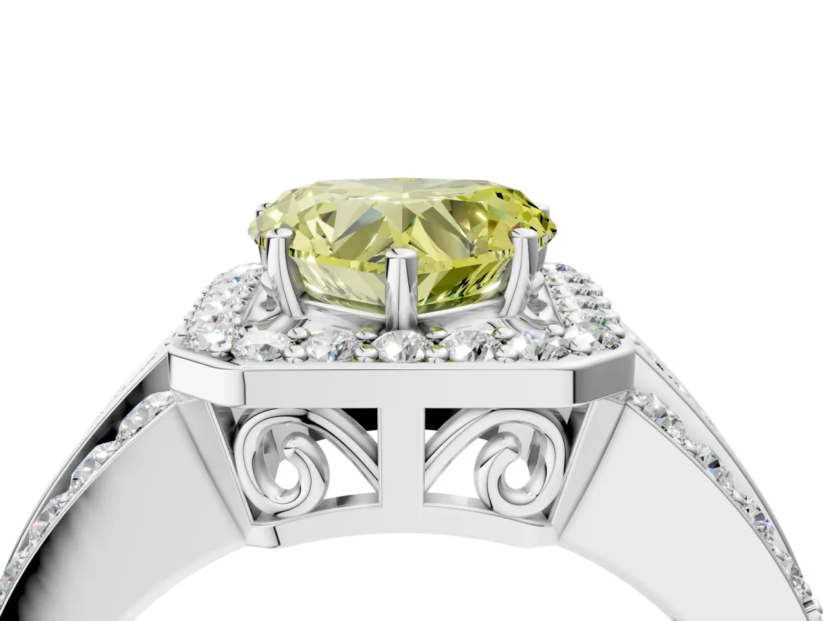 Fancy Yellow Heart Cut Halo Diamond Ring with Round Split Shank and Prong Setting Platinum
