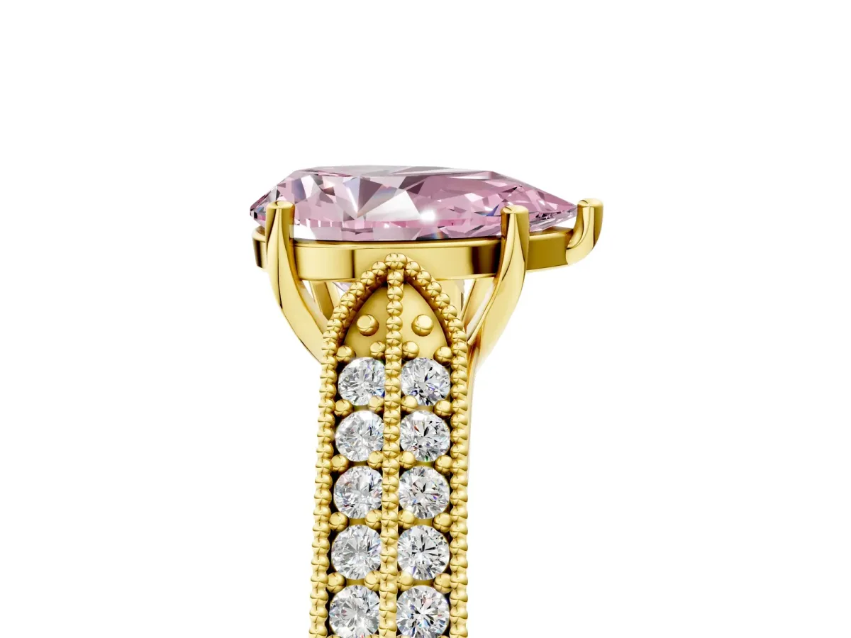 Fancy Pink Pear Cut Cut Pave Split Shank Engagement Ring with Four-Prong Setting Yellow gold