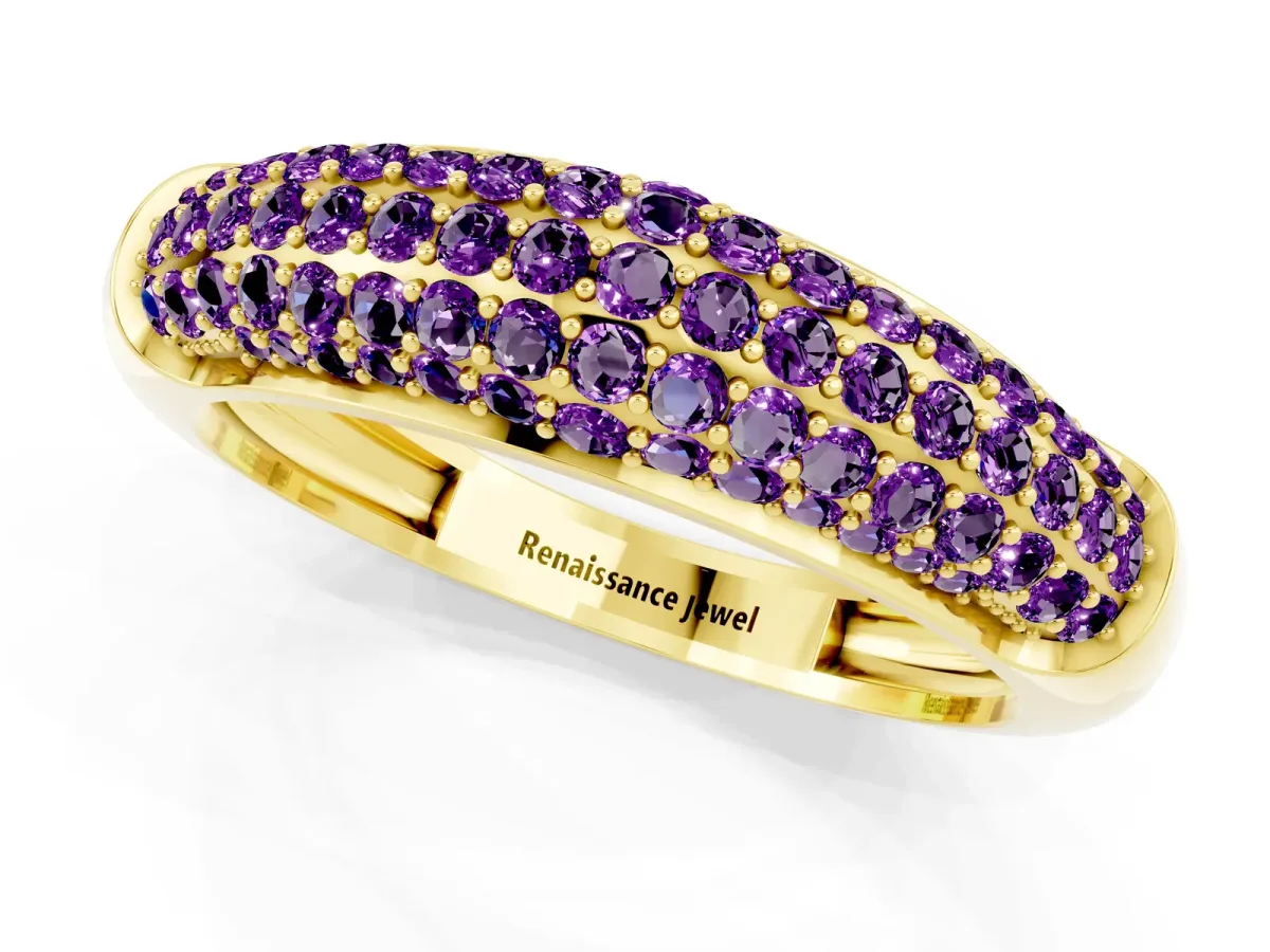 Three-Row Pavé Round Amethyst Dome Band Yellow gold