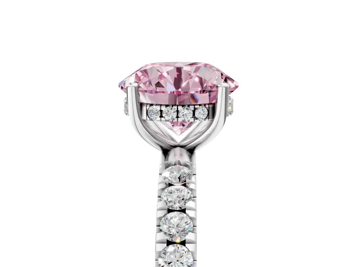 Fancy Pink Round Cut Diamond Pave Band Solitaire Ring with Round and Prong Setting Platinum