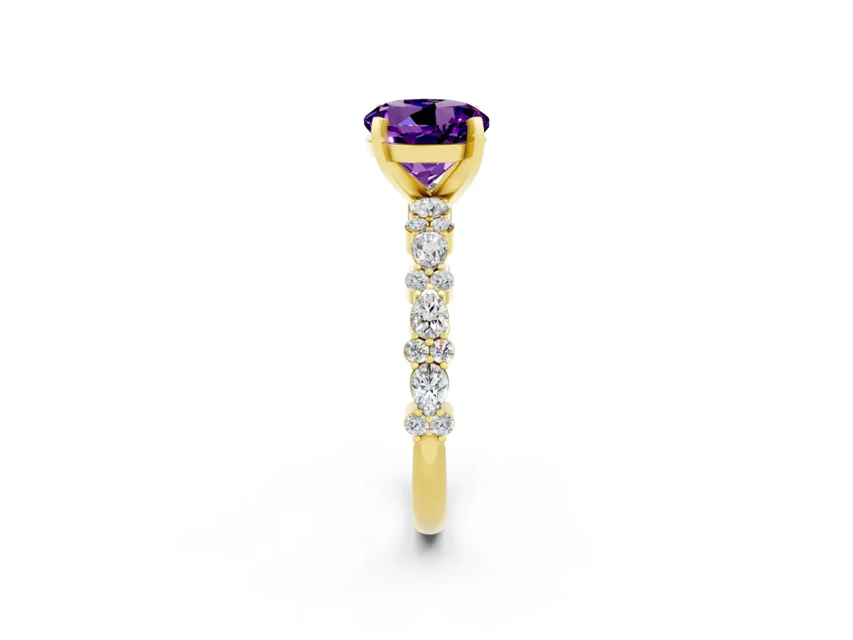 Round Cut Amethyst Side Stone Solitaire Ring with Round and Four-Prong Setting Yellow gold