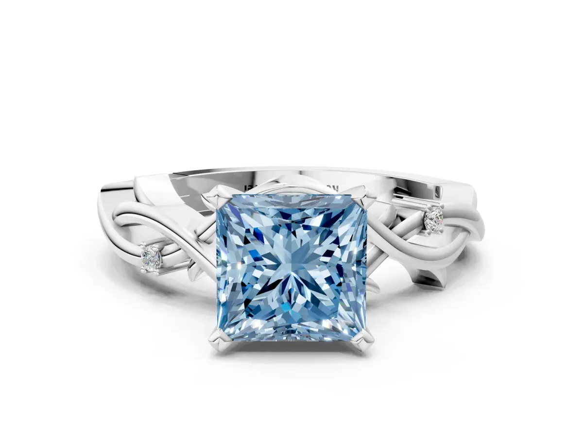 Fancy Blue Princess Cut Diamond Solitaire Ring with Twisted Band and Prong Setting Platinum