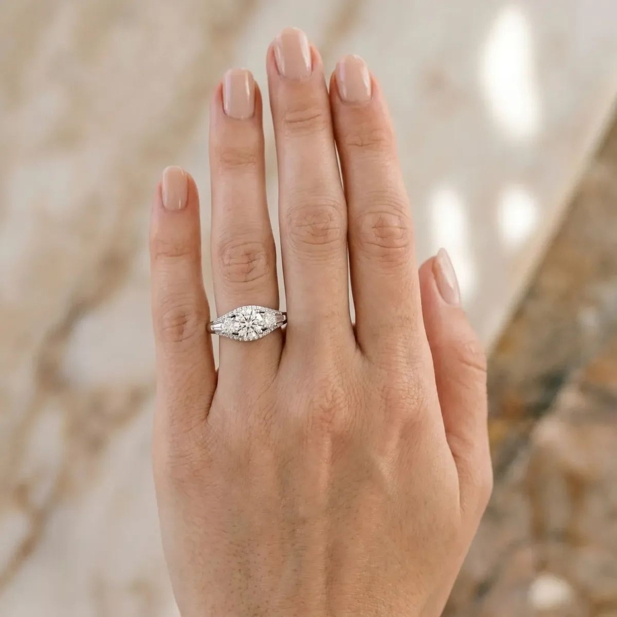 Three-Stone Asscher Cut Diamond Engagement Ring with Pave Band and Prong Setting Platinum