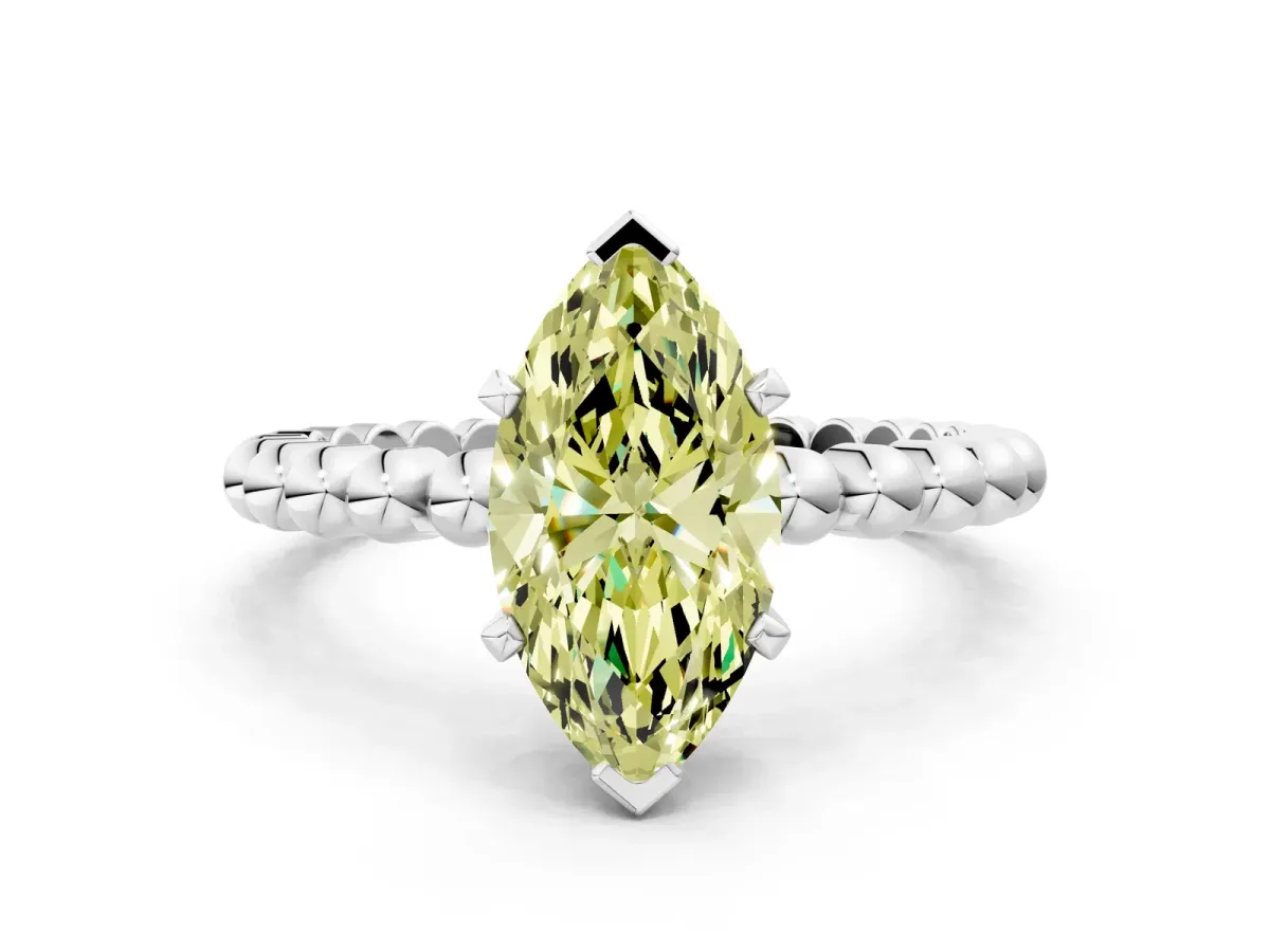 Fancy Yellow Marquise Cut Diamond Solitaire Ring with Beaded Band and Prong Setting Silver