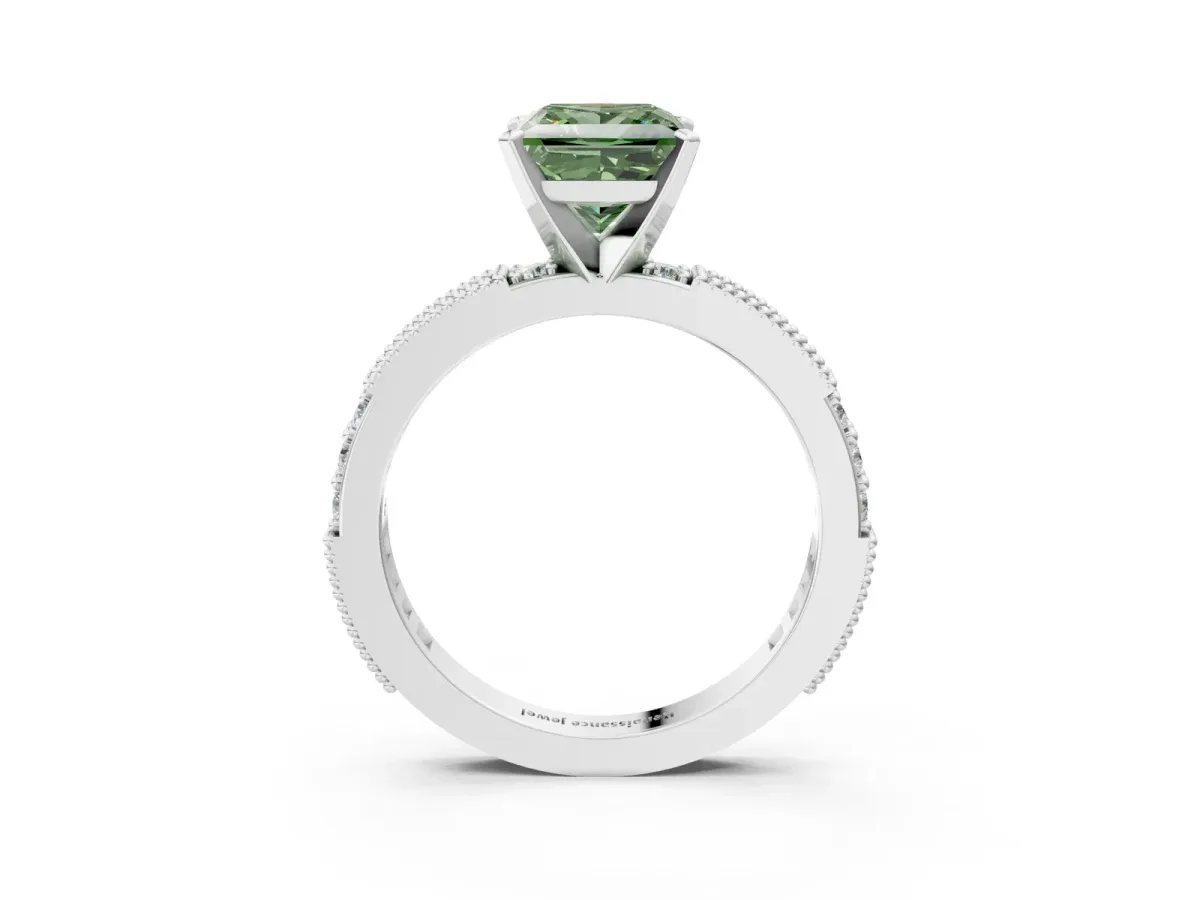 Fancy Green Princess Cut Solitaire with Pavé Band and Four-Prong Setting Silver