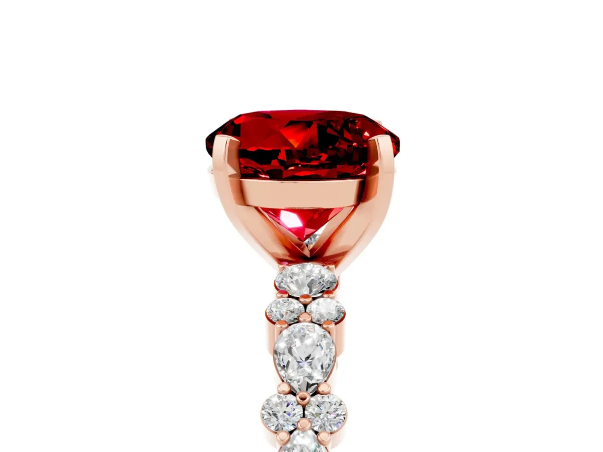 Round Cut Ruby Side Stone Solitaire Ring with Round and Four-Prong Setting Rose gold