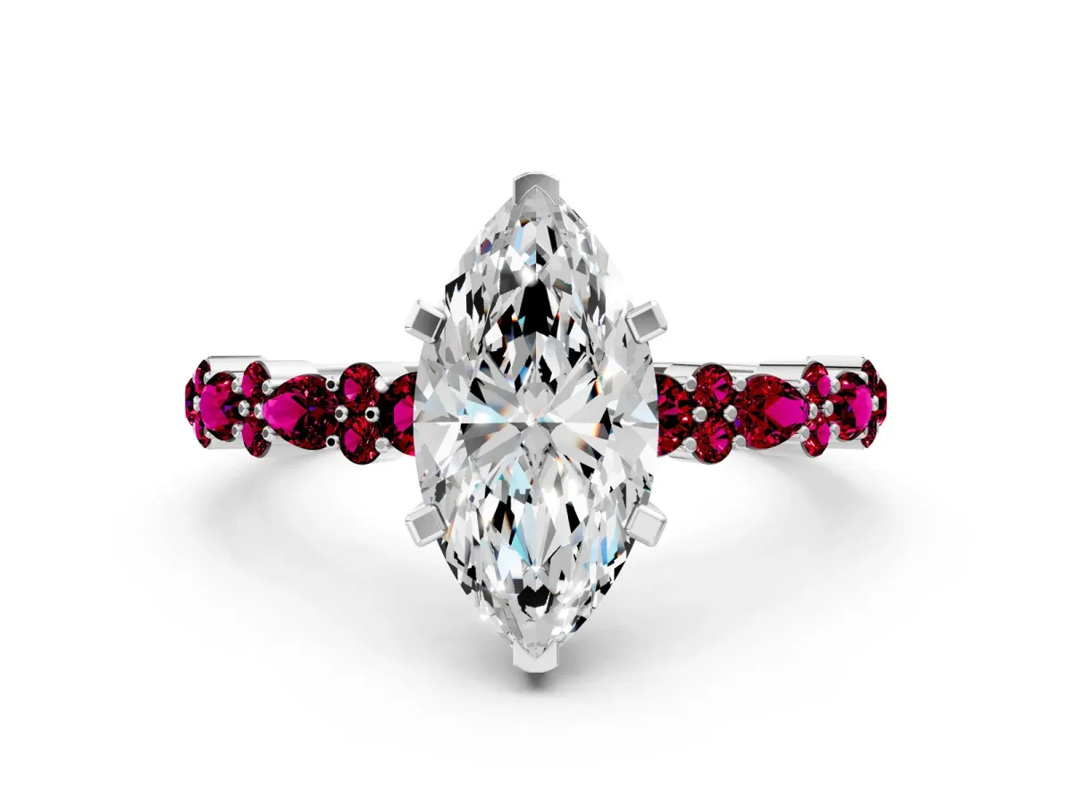 Marquise Cut Diamond Side Stone Solitaire Ring with Round Garnet and Four-Prong Setting Platinum