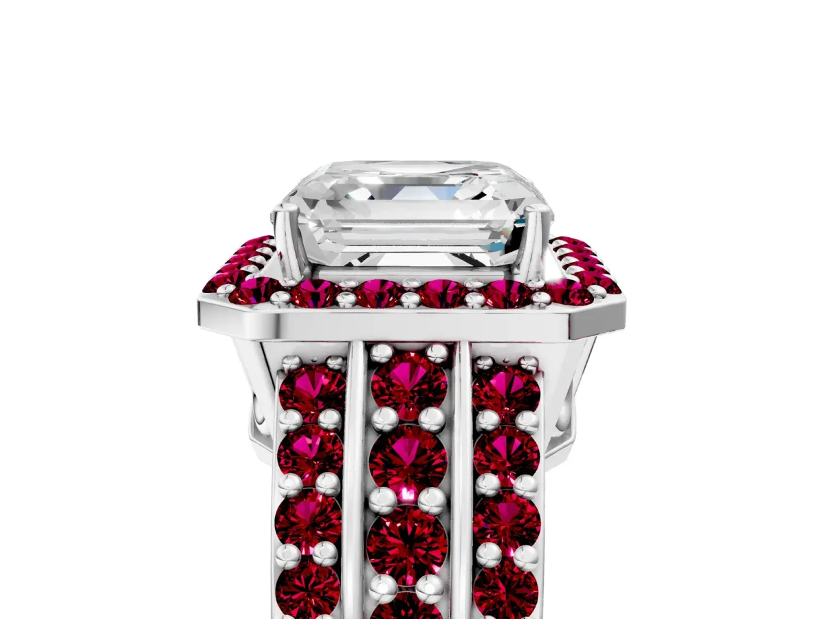 Asscher Cut Halo Diamond Ring with Round Garnet Split Shank and Prong Setting Platinum