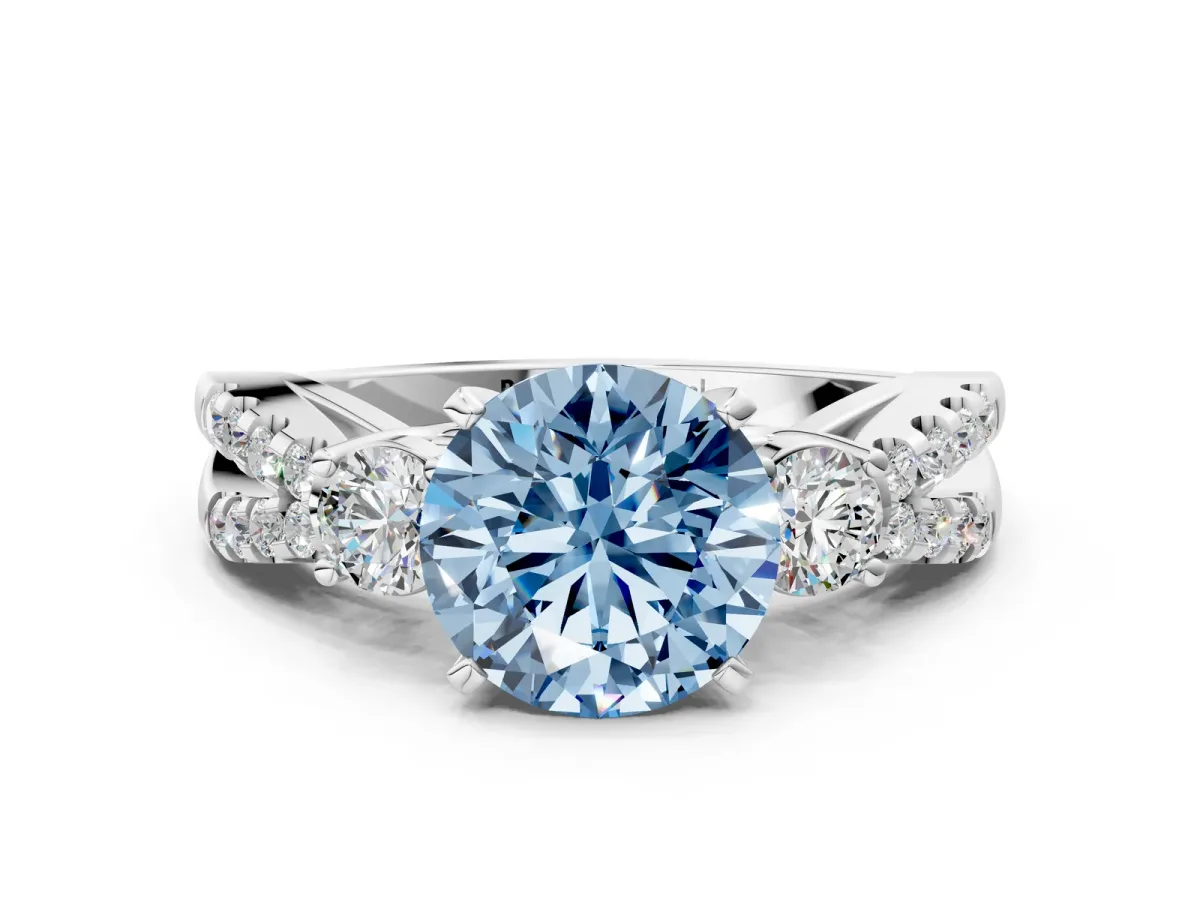 Fancy Blue Round Cut Diamond Three-Stone Ring with Pavé Split Shank and Four-Prong Setting Silver