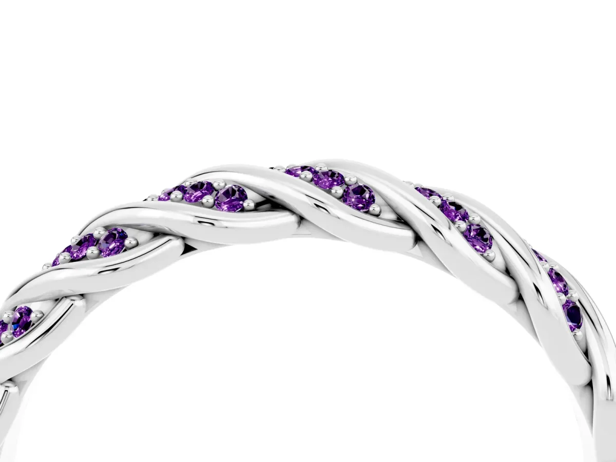 Twisted Pavé Round Amethyst Eternity Band with Shared Prong Setting White gold