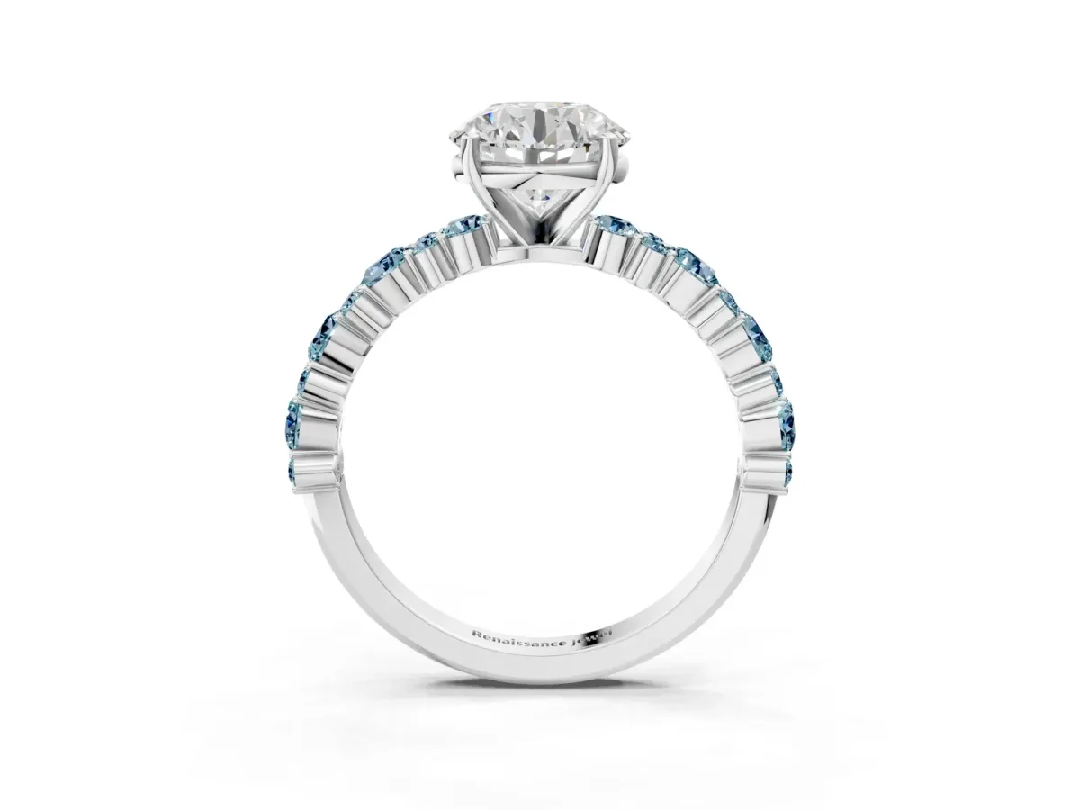 Round Cut Diamond Side Stone Solitaire Ring with Round Aquamarine and Four-Prong Setting Silver
