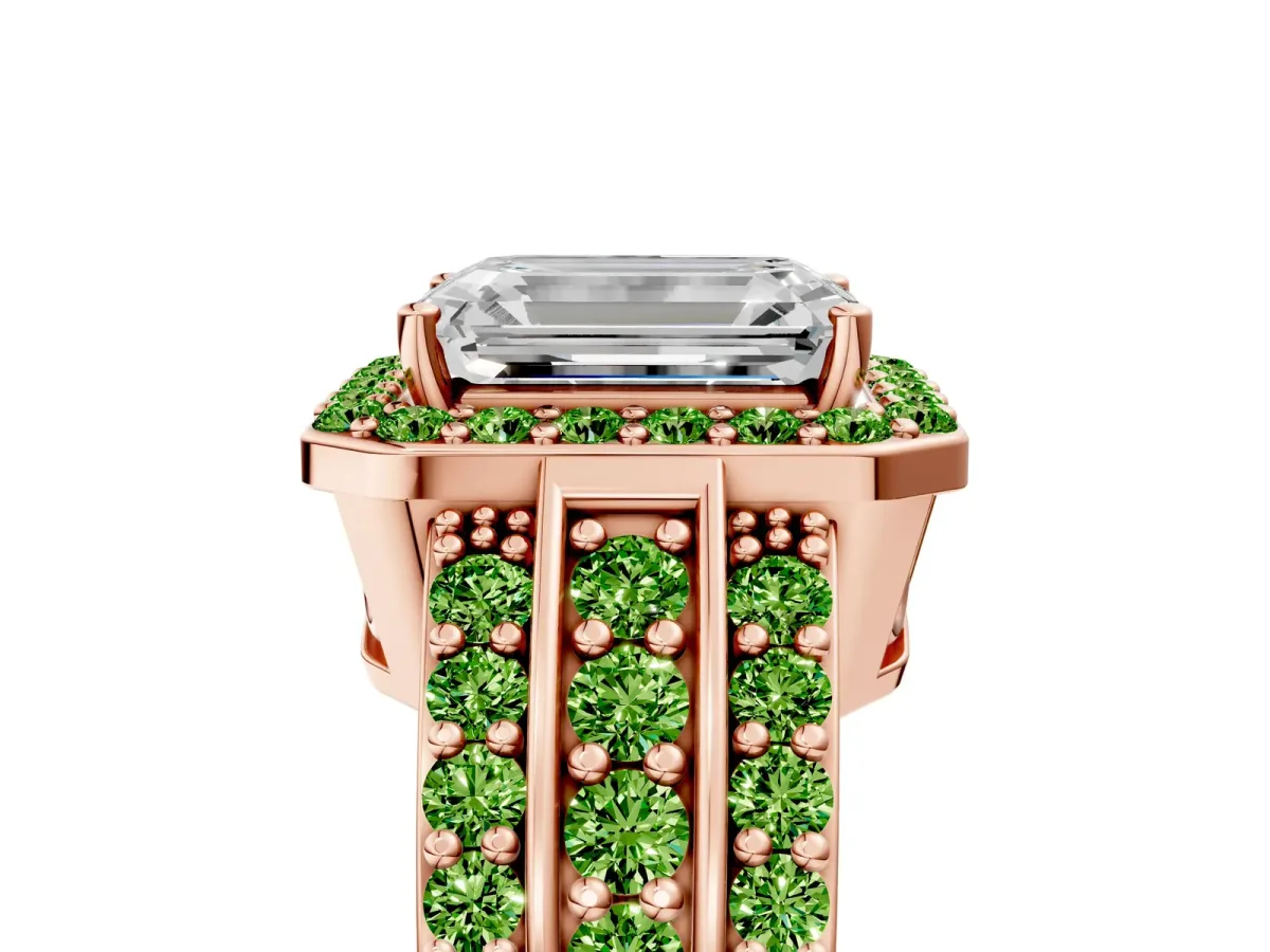 Emerald Cut Halo Diamond Ring with Round Peridot Split Shank and Prong Setting Rose gold