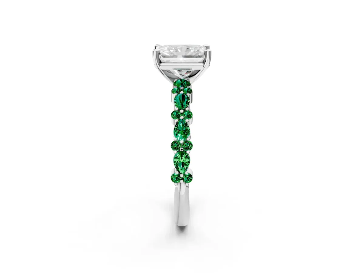 Radiant Cut Diamond Side Stone Solitaire Ring with Round Emerald and Four-Prong Setting Platinum