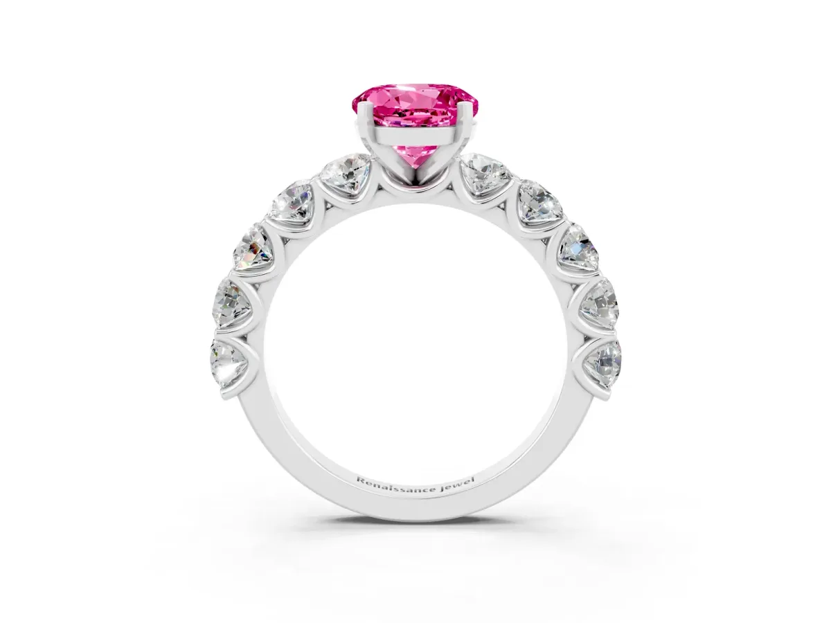 Round Cut Pink Sapphire Prong Setting with Side Stones on a Pave Band Silver