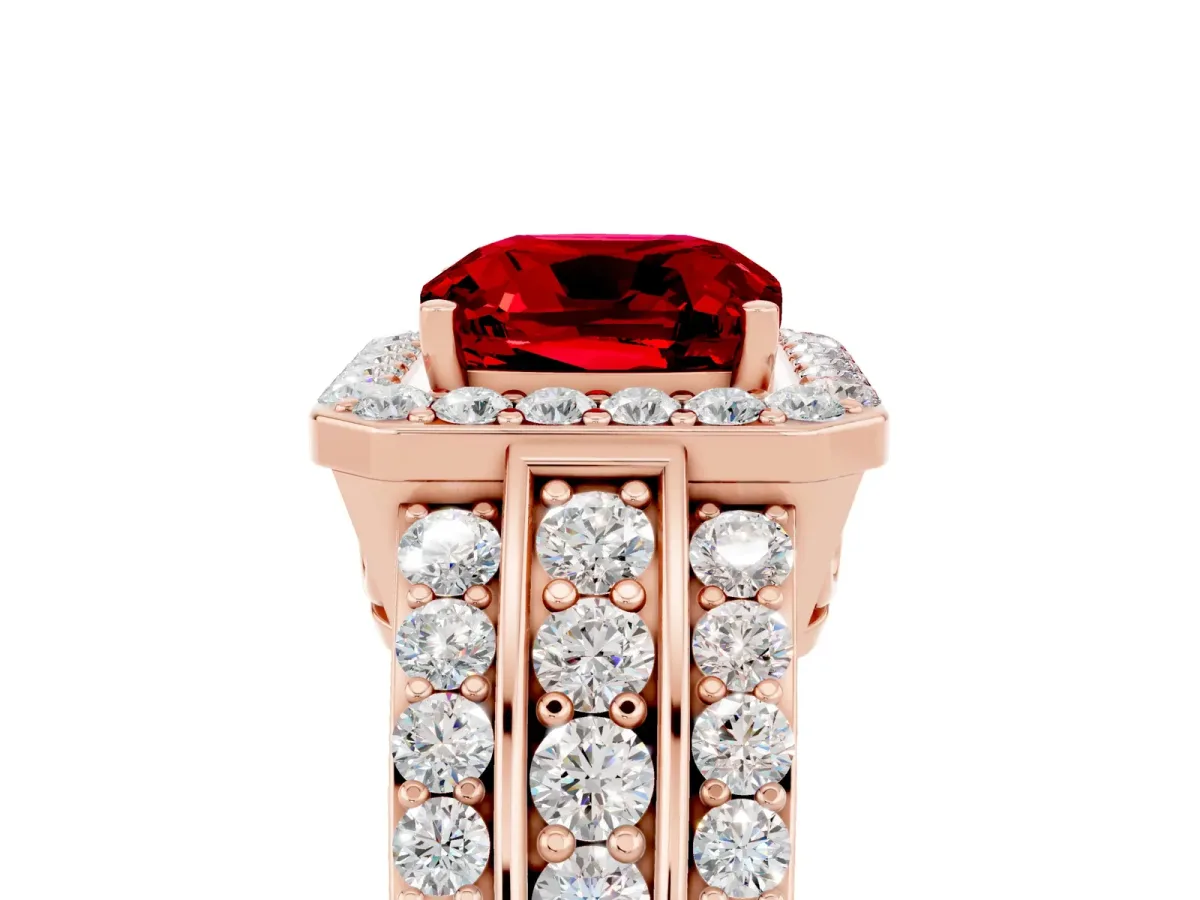 Cushion Cut Halo Ruby Ring with Round Split Shank and Prong Setting Rose gold