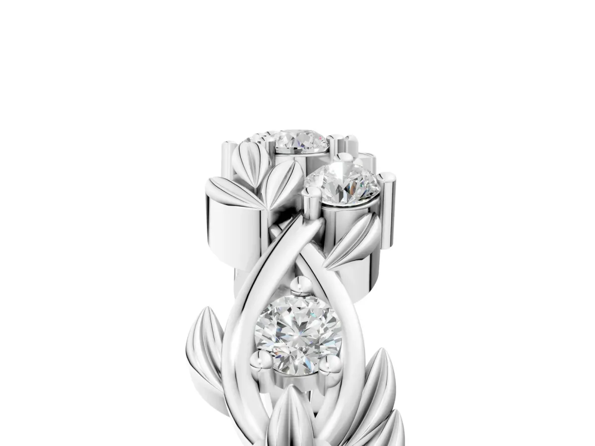 Round Diamond Leaf Motif Band with Prong Setting Silver