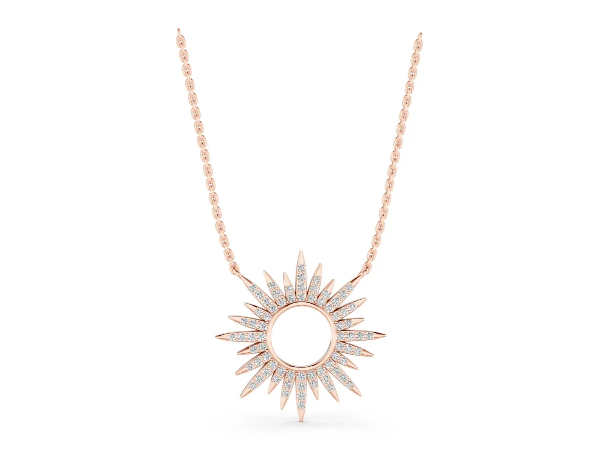 Round Cut Diamond Sunburst Pendant with Pavé Setting Rose gold