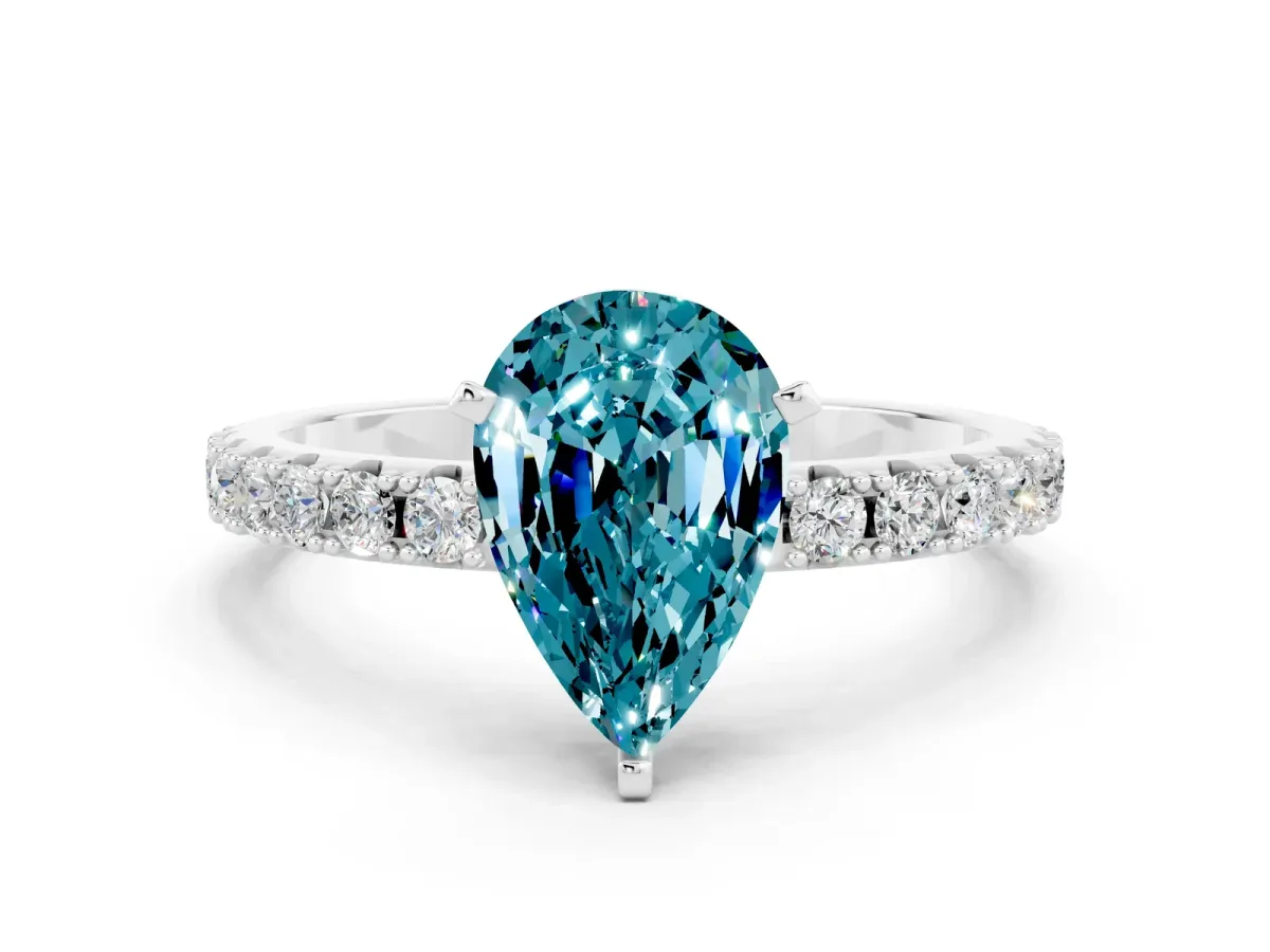 Pear Cut Blue Topaz Solitaire Pavé Band with Four-Prong Setting Platinum